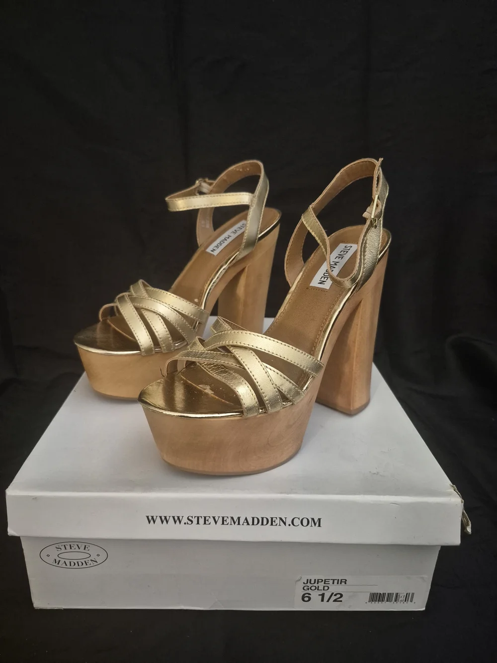 Steve Madden Metallic Gold Platform Sandals with Wood Block Heel